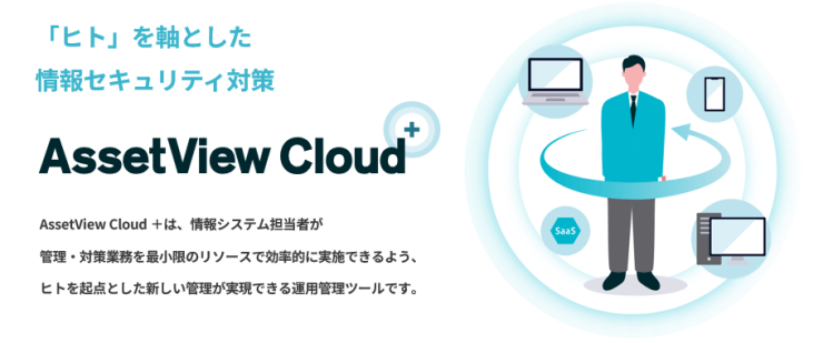 「ヒト」を軸とした情報セキュリティ対策『AssetView Cloud ＋』　AssetView Cloud ＋は、情報システム担当者が管理・対策業務を最小限のリソースで効率的に実施できるよう、ヒトを起点とした新しい管理が実現できる運用管理ツールです。